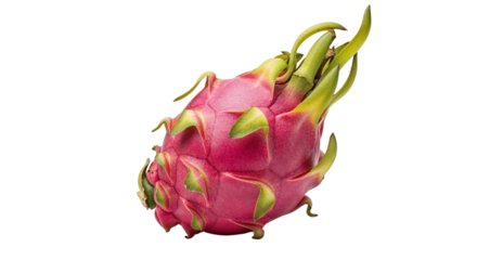 Fresh dragon fruit with vibrant pink skin and green tips  