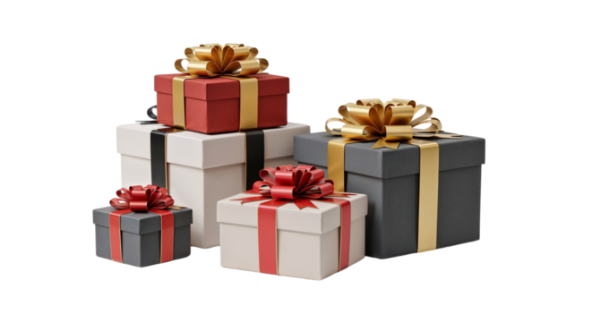 Colorful gift boxes with ribbons stacked for holiday celebrations  