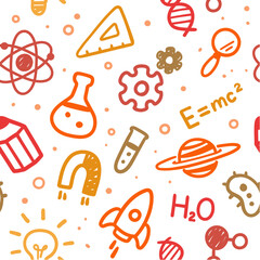 Vector illustration of seamless pattern with colorful science and education doodles. Hand drawn flat design.