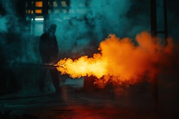 Fire from a gas torch and smoke in the chemical industry