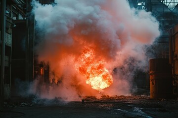 Fire from a gas torch and smoke in the chemical industry