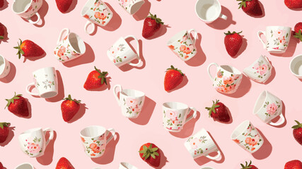 Naklejka premium Floral mugs and fresh strawberries decorative seamless pattern