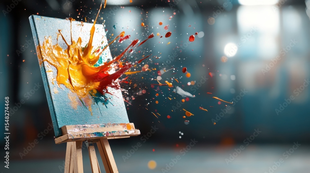 Poster a dynamic and vibrant explosion of color captured mid-splash on a canvas, symbolizing creativity and