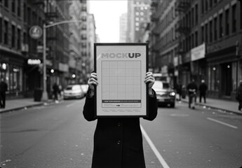 Person Holding Poster Frame Mockup on Old Street Vintage Black and White