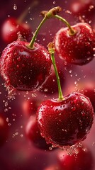Ripe cherries flying in mid-air with glossy red skin, green stems, sparkling dewdrops, and glowing light particles. Photorealistic, vibrant and fresh composition on a clean background.