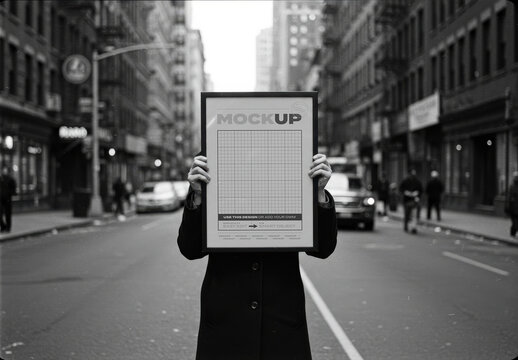 Person Holding Poster Frame Mockup on Old Street Vintage Black and White