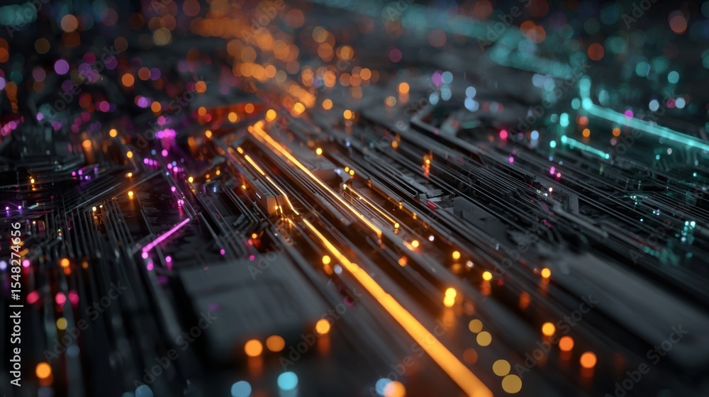 Poster a vibrant display of digital circuits illuminated by colorful lights, showcasing connectivity and da