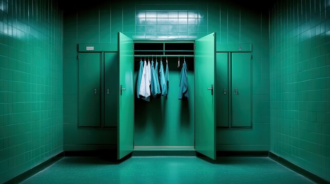 An empty locker room is depicted with open lockers displaying hanging garments, evoking a sense of solitude and the anticipation of post-activity moments or team camaraderie.