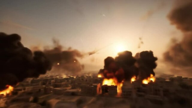 Simulated City Under Attack with Missiles and Explosions Creating Realistic War Zone