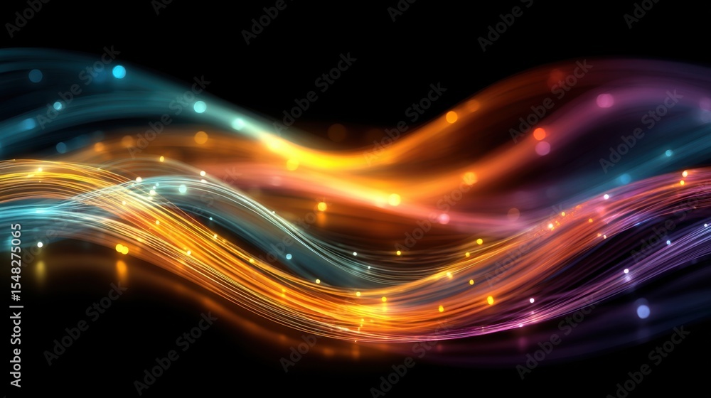 Poster bright waves of light in various colors flow smoothly, creating an abstract and dynamic visual effec