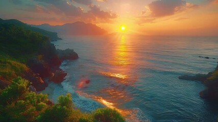 The sun rises over the ocean on Jeju Island with a soft golden color. - Powered by Adobe