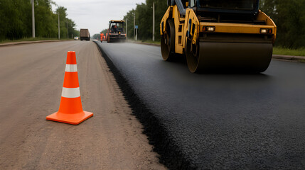 Road construction activity with heavy machinery and traffic cone near a rural area during daytime