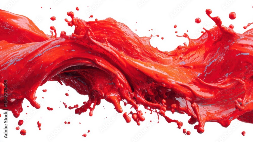 Poster bright red paint splashes and flows in an energetic manner against a white background, showcasing dy