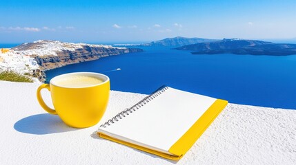 Yellow mug and notebook overlooking caldera views in santorini, greece