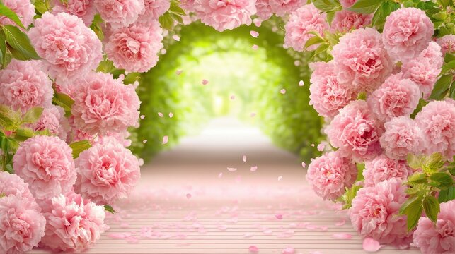 Enchanting pink peony tunnel in blooming garden pathway with falling petals