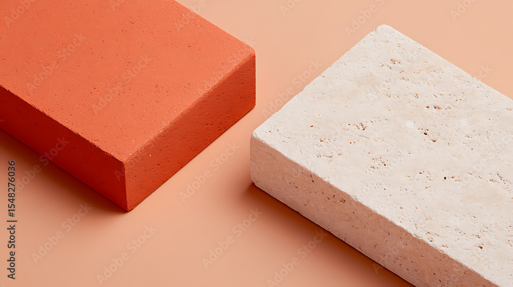 Poster minimalist scene featuring an orange block juxtaposed with a textured white block on a peach-toned b