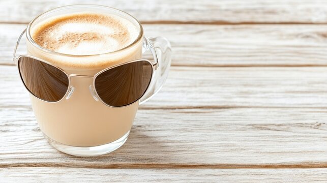 Coffee with sunglasses: creative concept of a stylish latte on wooden table