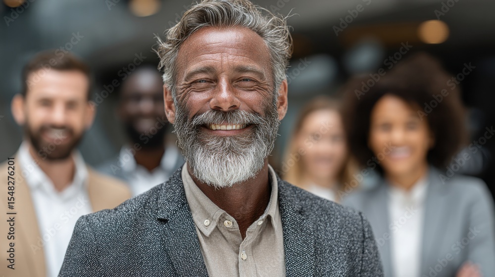 Poster a smiling older man with a beard stands in front of a diverse group of colleagues inside a contempor