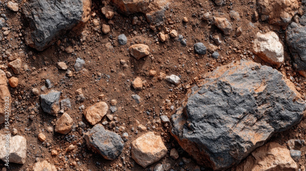 Poster a landscape showcases a diverse array of rocks and pebbles scattered across the ground, illuminated 