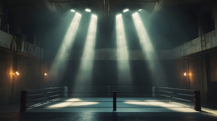 Empty boxing ring in a dimly lit industrial space. Possible use for sports, or promotional material