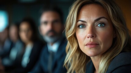 Fototapeta premium This image portrays a focused businesswoman staring intently at the camera, surrounded by colleagues in a professional meeting, reflecting determination and leadership.