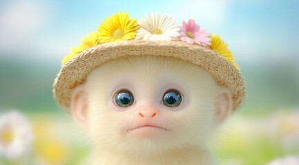 Adorable baby monkey with floral hat in bright outdoor setting