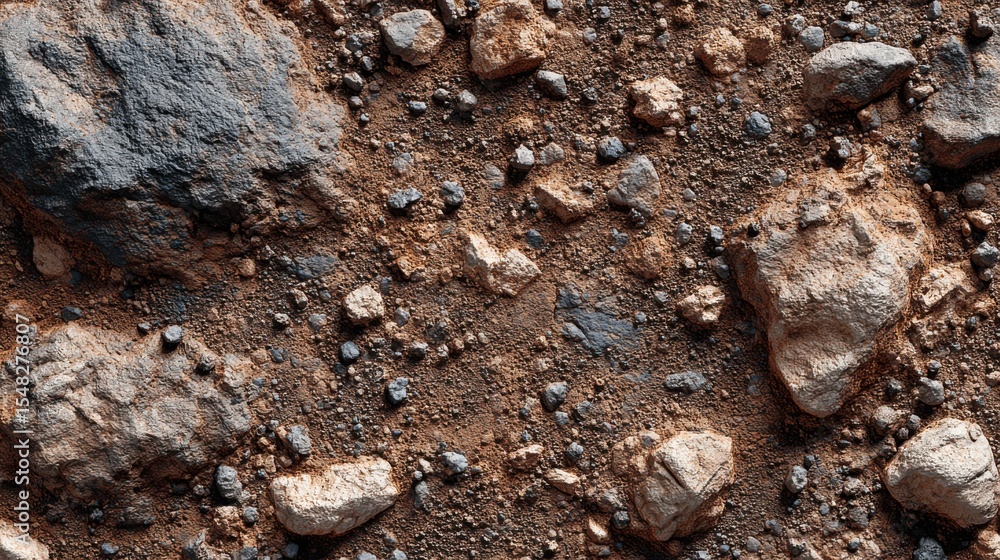 Poster the ground features an array of rocks and pebbles in varied shapes and sizes, illuminated by natural