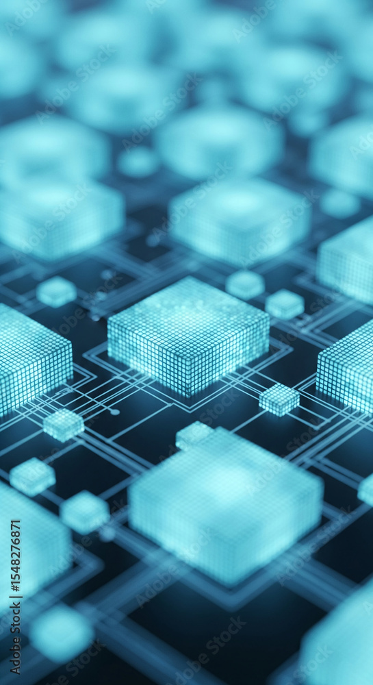 Poster abstract image of glowing blue cubes on a circuit board, representing digital technology, data proce