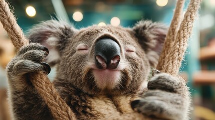 A charming koala happily snuggles on a swing, eyes closed, exuding cuteness and contentment, surrounded by vibrant colors and soft light in a playful setting.