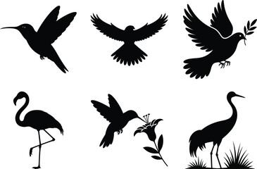 Obraz premium Bird Silhouette illustration, Flying Birds Svg Vector Art and White Background. Bird icon graphics.