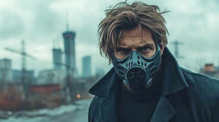 A rugged man sporting a stylish mask captures the post-apocalyptic vibe, blending toughness and resilience against a backdrop of urban decay and looming skyscrapers.