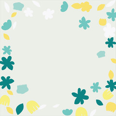 Fashionable frame of flowers. Spring background design, colorful bright flowers, decorative beautiful garden. Place for text. Design for postcard, invitation, web. Vector illustration