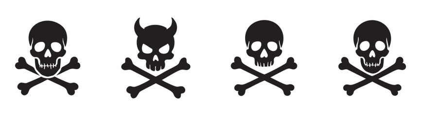 Set of black silhouette of human skull and crossbones in various styles isolated on white background, graphic illustration. concept of pirate symbol, danger icon, halloween decor, design element