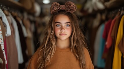 Obraz premium A young girl stands confidently, showcasing her trendy style with a playful bow, surrounded by vibrant clothing, reflecting youthful spirit and contemporary fashion.