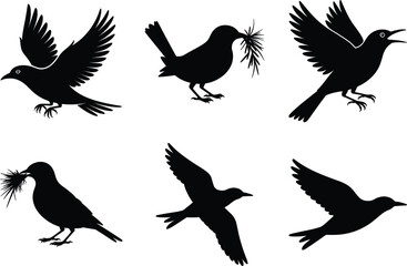 Obraz premium Bird Silhouette illustration, Flying Birds Svg Vector Art and White Background. Bird icon graphics.