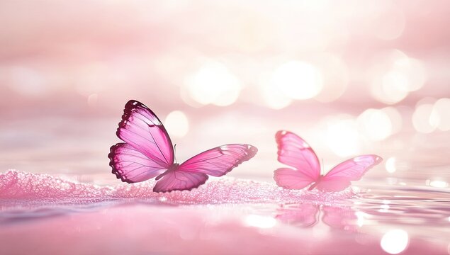 Two delicate pink butterflies on a soft pink surface of water - Powered by Adobe