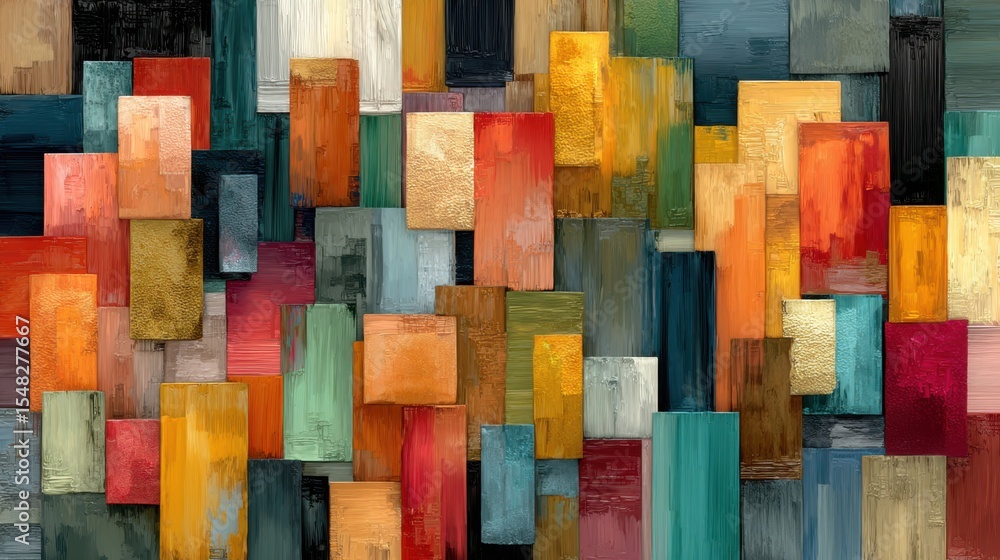 Poster layers of colorful rectangles in shades of red, blue, green, and yellow create a lively abstract com