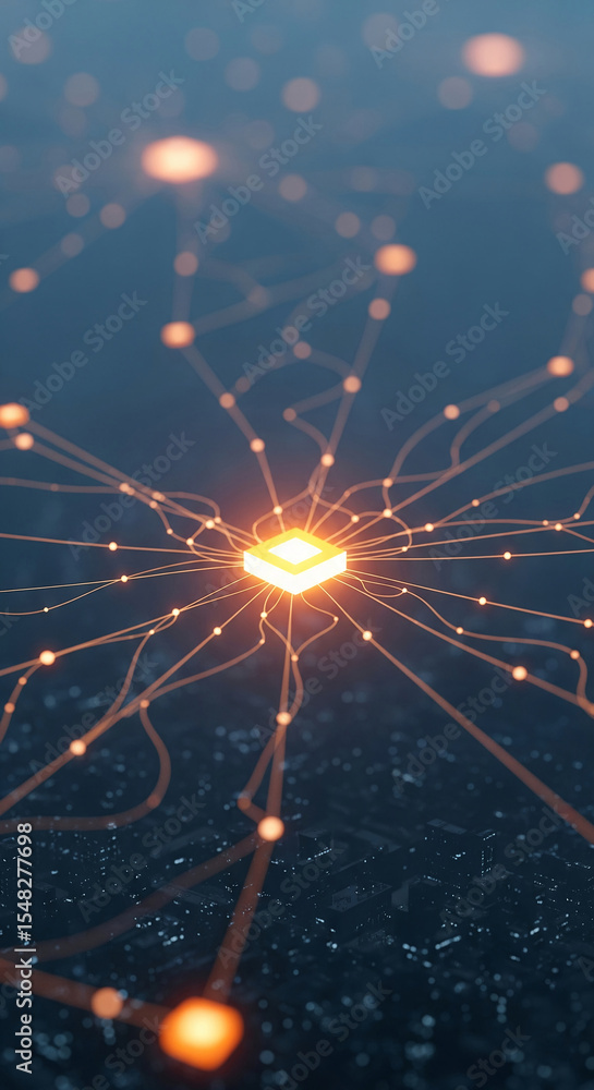Poster glowing cube connected by orange lines to illuminated nodes, set against a dark background, symboliz