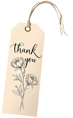 A cream-colored thank you tag adorned with elegant black floral illustrations and a soft fabric ribbon looped through a gold eyelet.