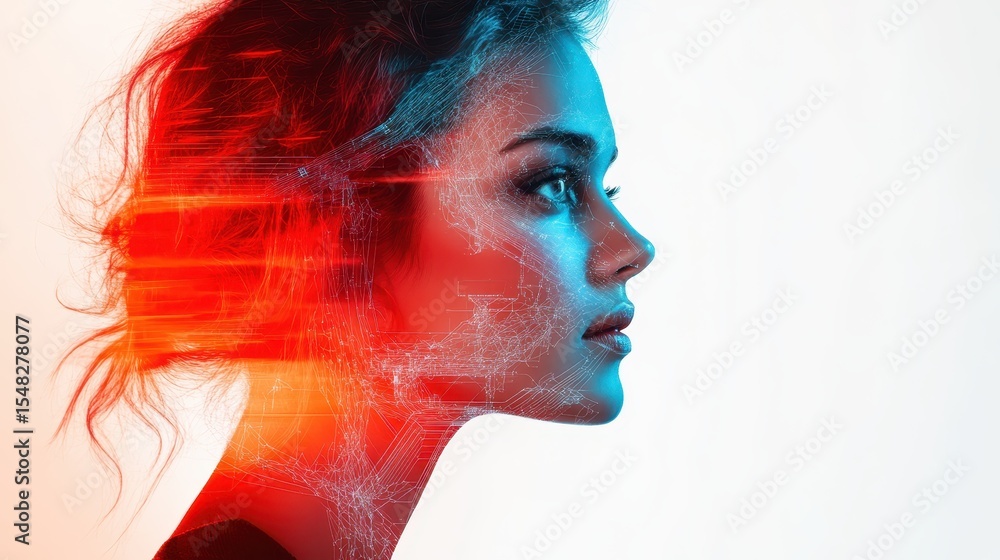 Poster this image features a profile view of a woman with an ethereal glow, surrounded by abstract digital 