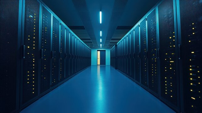Server rack hallway lit by blue light