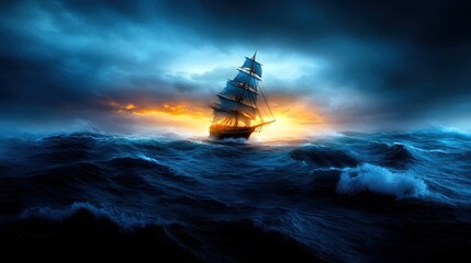 Obraz premium An ancient sailing ship navigates through turbulent ocean waves under a dramatic sky, encapsulating the spirit of adventure, resilience, and the timeless struggle against nature's forces.