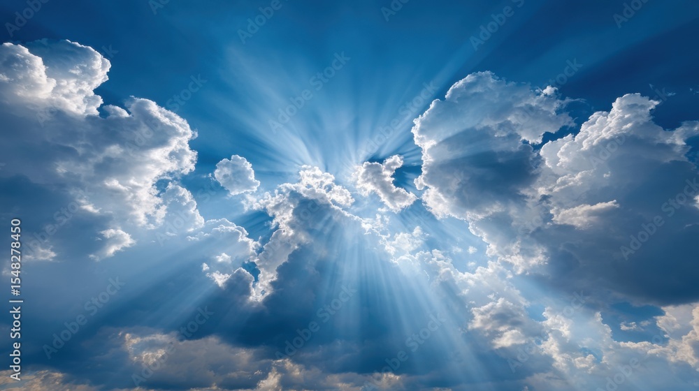 Poster fluffy clouds stretch across the sky, with rays of sunlight breaking through, illuminating the scene