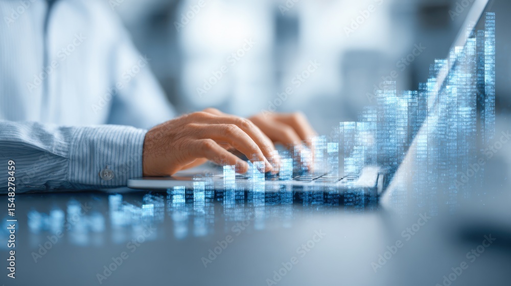 Poster a professional is typing on a laptop while visual representations of data trends and analytics emerg