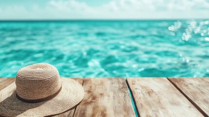 A rustic straw hat elegantly placed on wooden planks of a pier, symbolizing relaxation and the essence of summer by the tranquil waters of a picturesque destination.