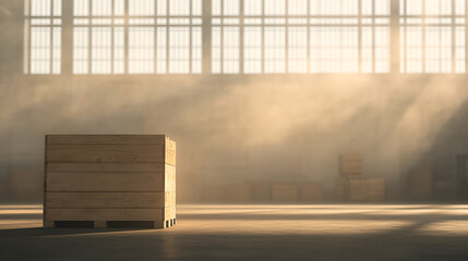 Wooden crate in warehouse setting with sunlit dust motes, evoking industrial mystery and logistical operations.