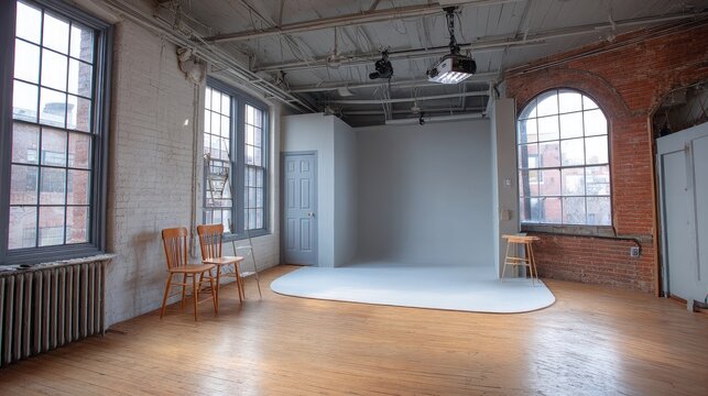 Empty creative studio featuring a mounted projector and matte wall