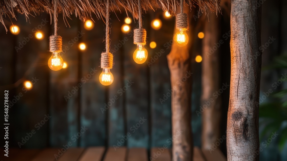 Poster a cozy arrangement of glowing bulbs draped in a rustic setting, creating an inviting ambiance that e