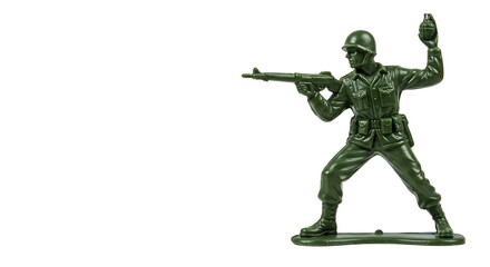 A classic green plastic toy soldier is captured in a dynamic action pose, aiming a rifle while preparing to throw a grenade.