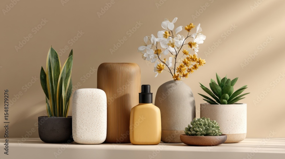 Poster this composition features an array of stylish plants and vases arranged on a shelf. warm tones enhan